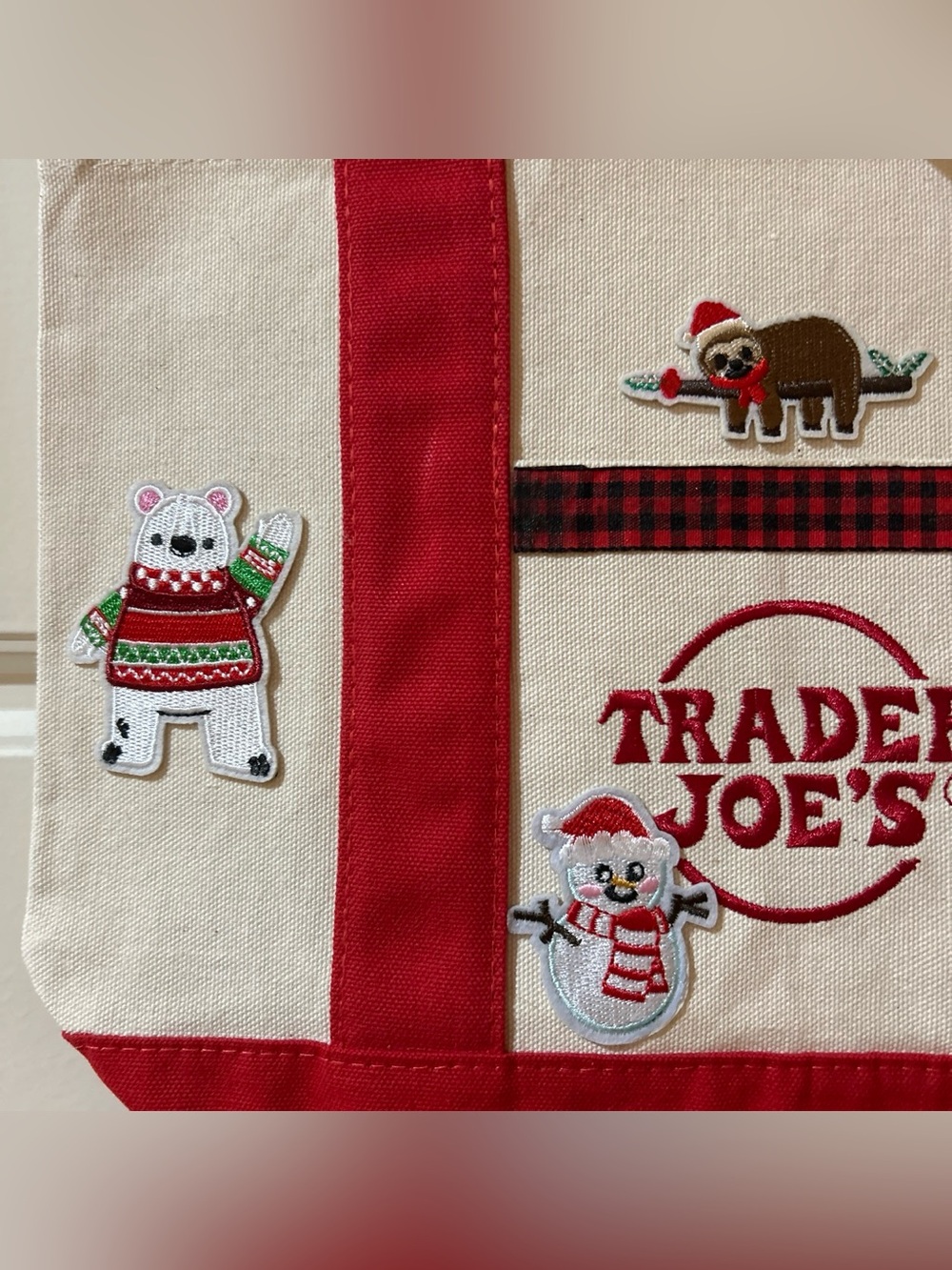Upcycled Trader Joe's Red & Cream Holiday Tote Bag - Picture 2 of 5